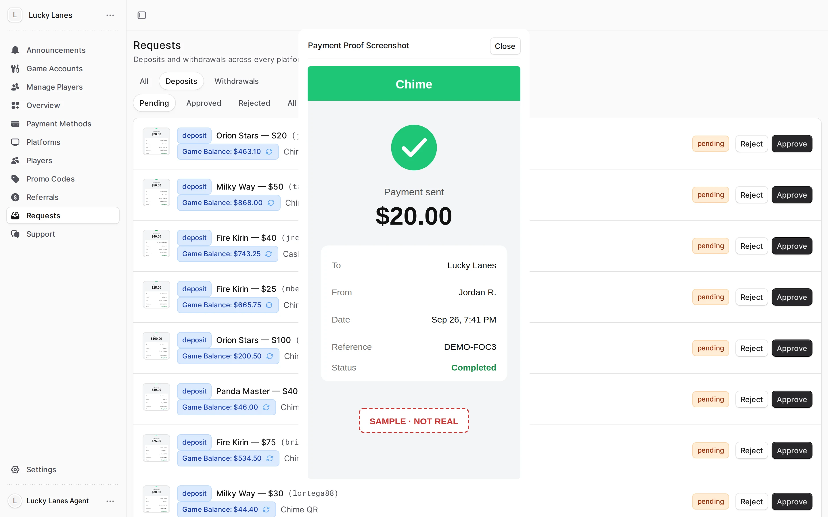 A pending deposit's payment proof opened full size, next to the Approve buttons in the requests inbox