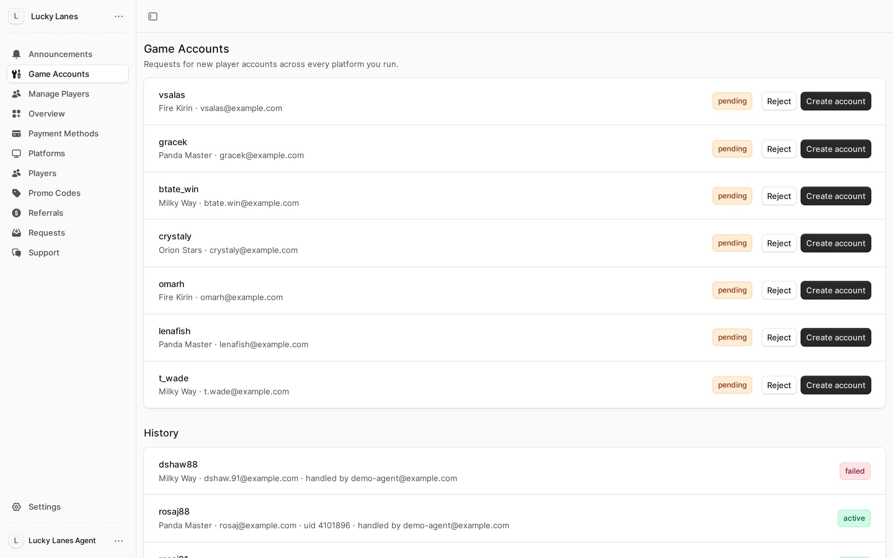 Game account requests from new players, ready to create