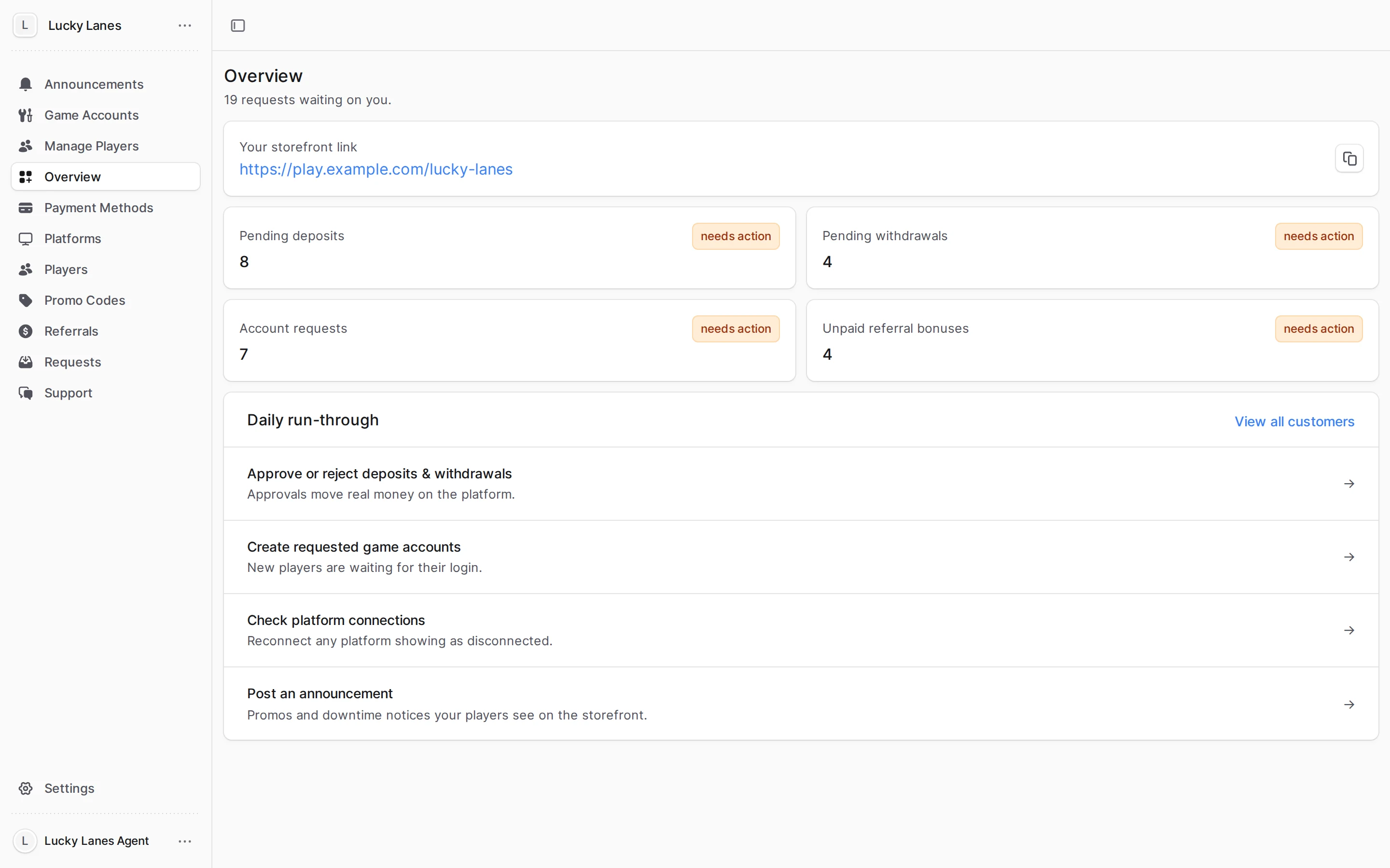 Agent dashboard overview with pending requests and your player link