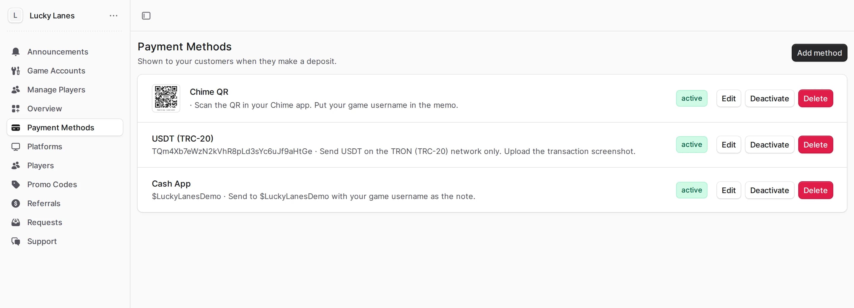 Payment methods your players see when they deposit