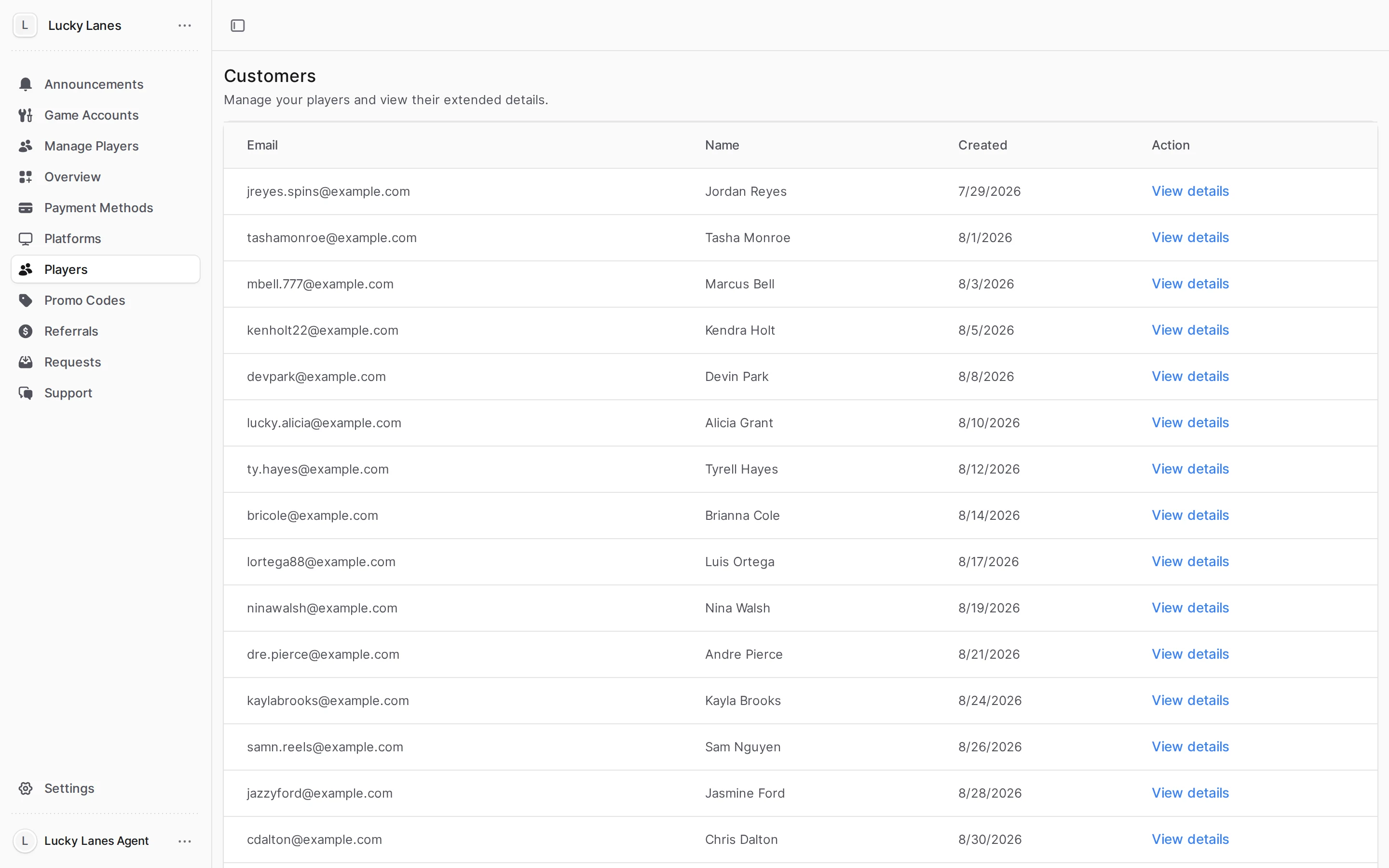 Player list with each player's email, name and sign-up date
