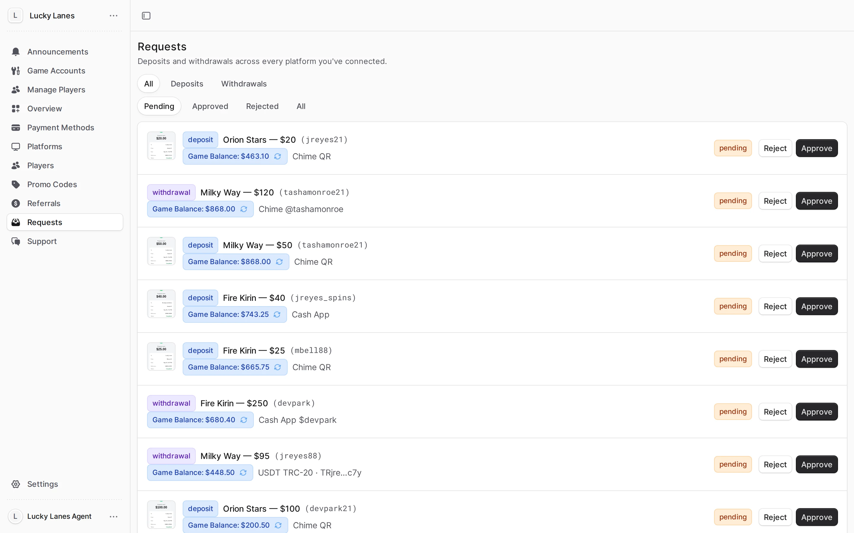 Requests inbox listing deposits and withdrawals waiting for approval