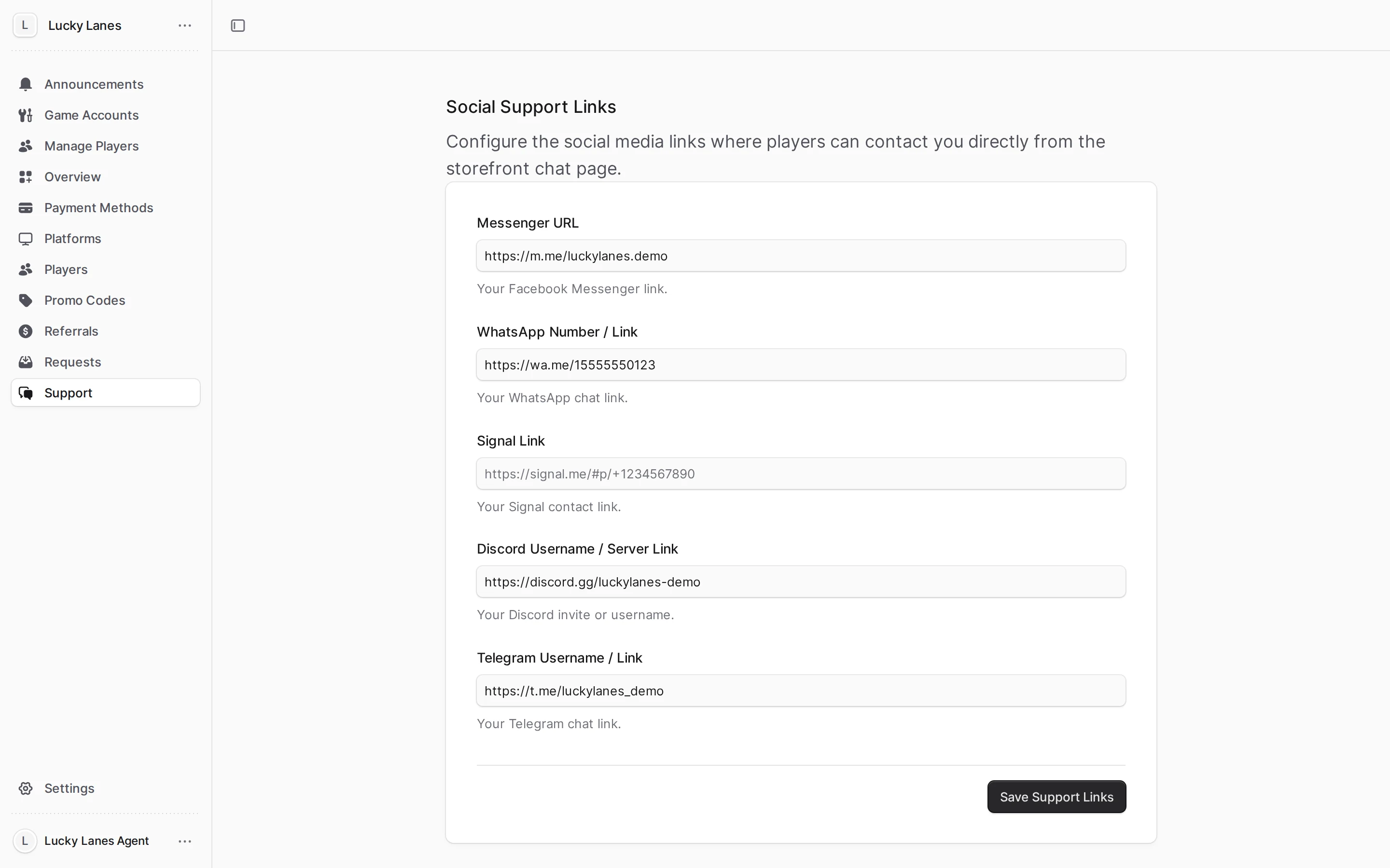 Support links your players use to reach you
