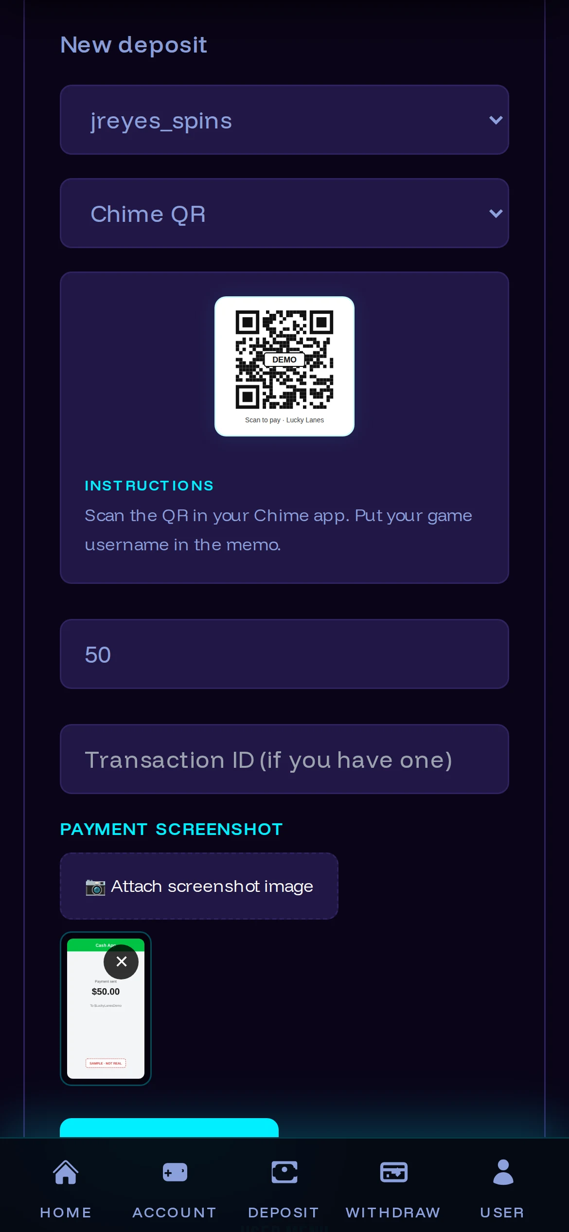 A player choosing a payment method and uploading proof