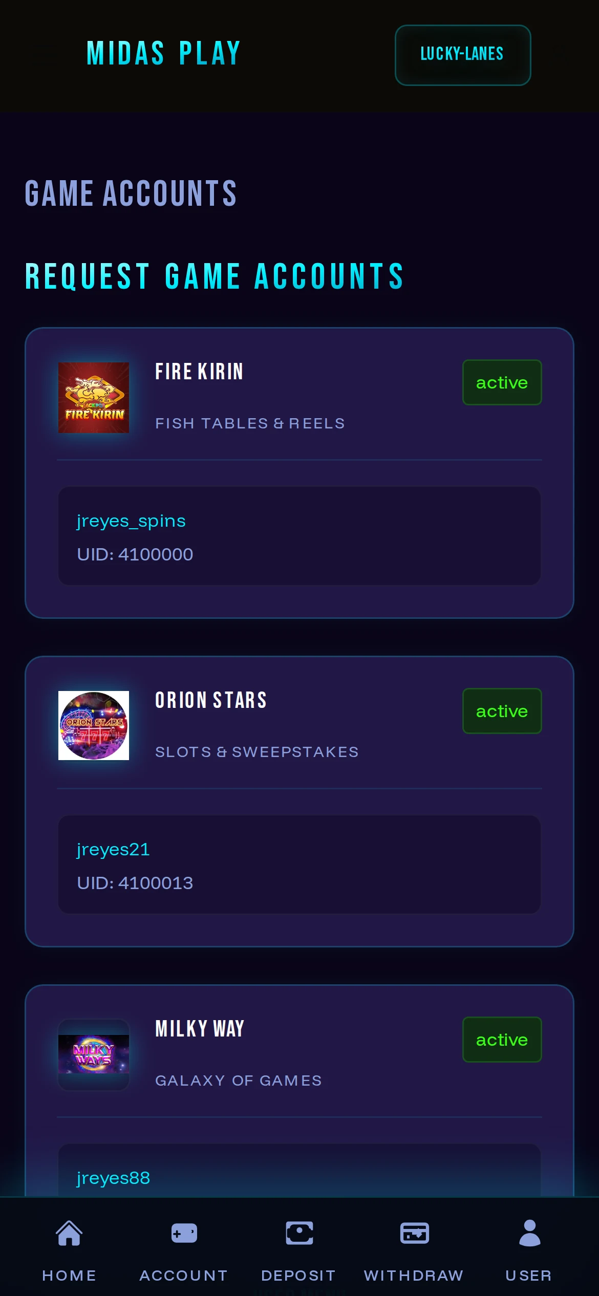 A player's game accounts across platforms