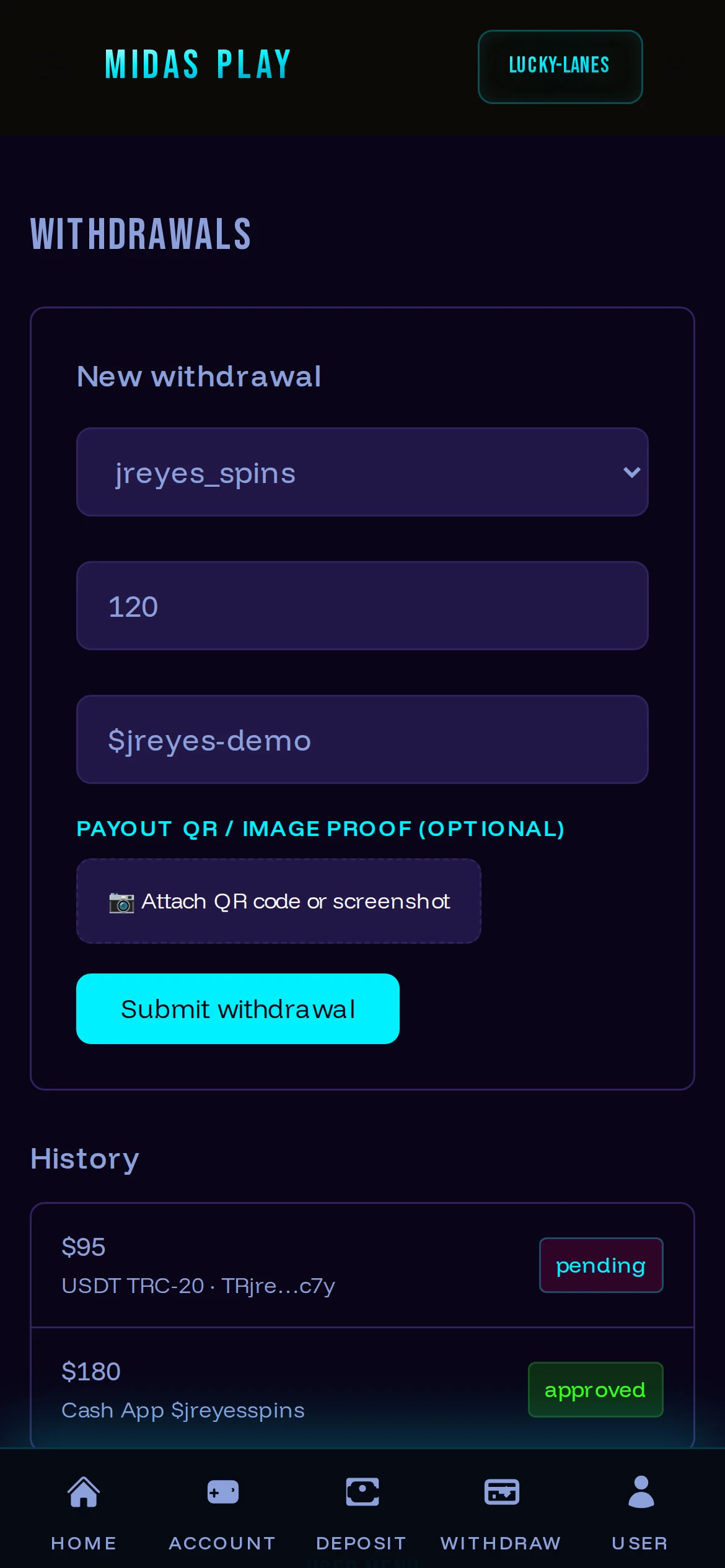 A player requesting a withdrawal